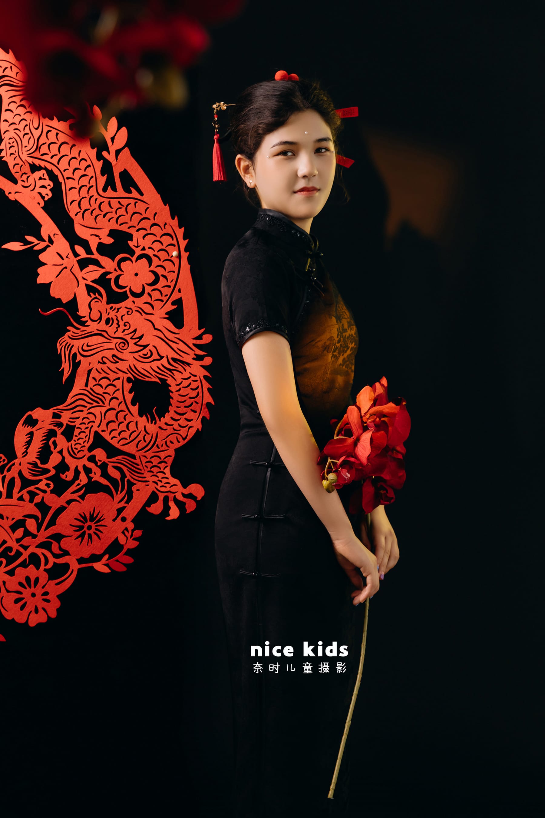 中式黑旗袍 苏州奈时儿童摄影
